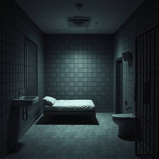 Celda de aislamiento con una cama simple, un lavabo y un inodoro.