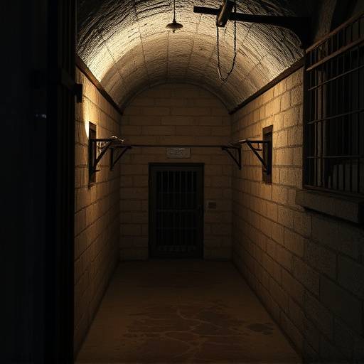 Celda penitenciaria histórica con muros de piedra y poca iluminación.
