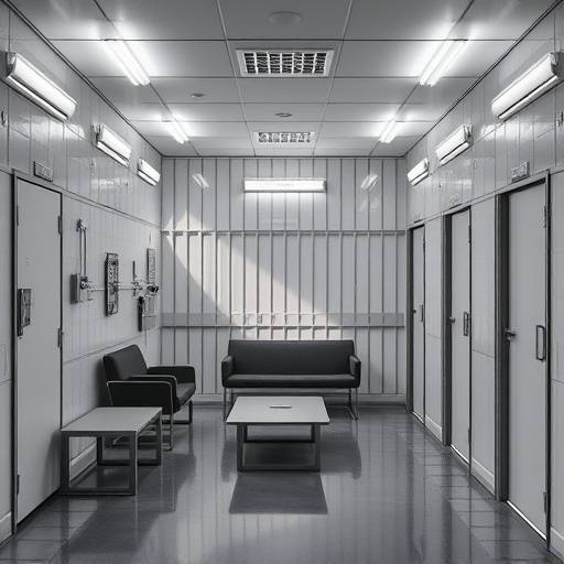 Celda penitenciaria moderna con mobiliario funcional y buena iluminación.