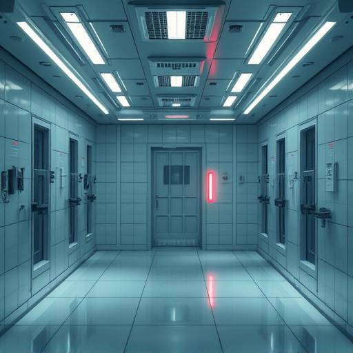 Diseño conceptual de una celda penitenciaria del futuro con tecnología holográfica y espacios personalizables.