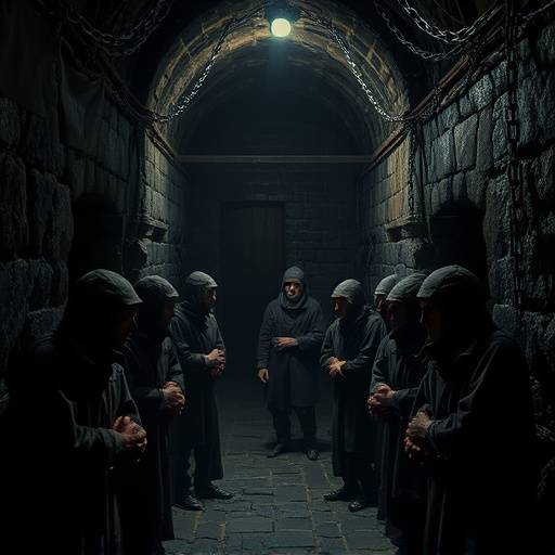 Imagen de una mazmorra medieval con muros de piedra, cadenas y poca luz. Se observan varios prisioneros en condiciones deplorables.