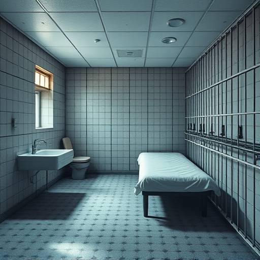 Vista general de una celda penitenciaria moderna con cama, escritorio y lavabo.